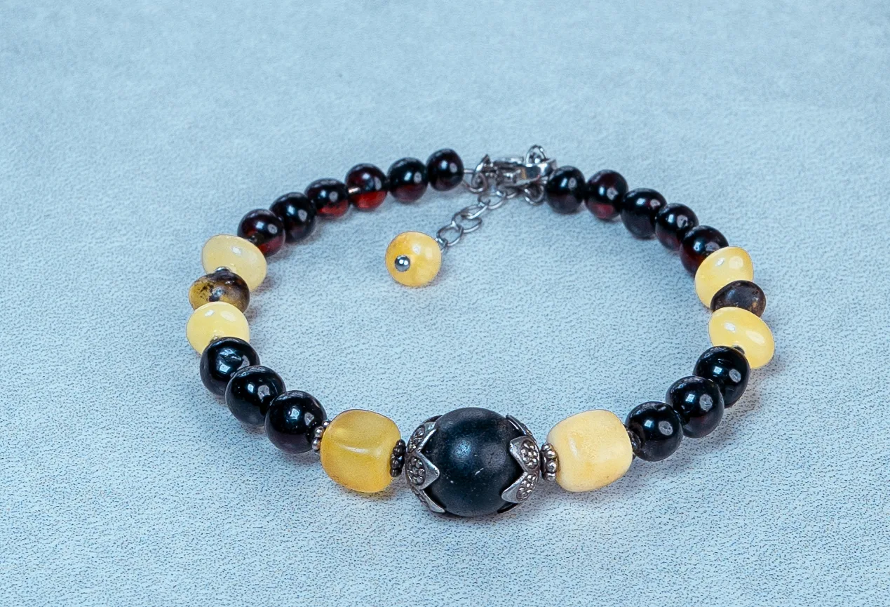 Black & Yellow Baltic Amber Silver Accent Designer Bracelet